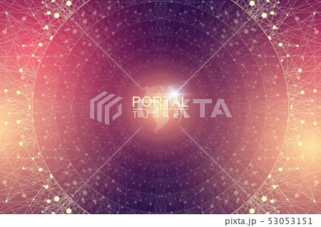 Geometric abstract background tunnel or wormhole with connected line and dots. Futuristic wormhole 53053151