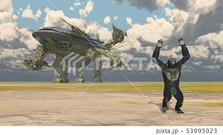 Huge spacecraft and chimpanzee in a landscape 53095023