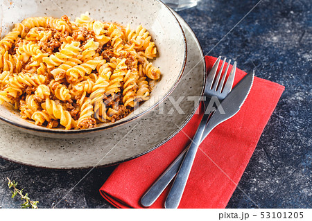 Fusilli pasta Bolognese Fusilli pasta Bolognese 53101205