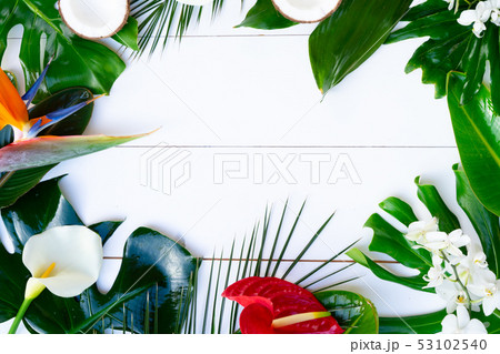 Summer flat lay scenery on white boards Summer flat lay scenery on white boards 53102540