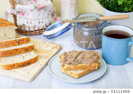 Homemade chicken liver pate, homemade white bread. Homemade chicken liver pate, homemade white bread. 53111409