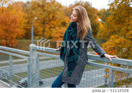 Stylish happy woman with a smile in a fashion coat Stylish happy woman with a smile in a fashion coat 53116508