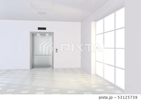 Large window with light on floor near of empty elevator cabin Large window with light on floor near of empty elevator cabin 53125739