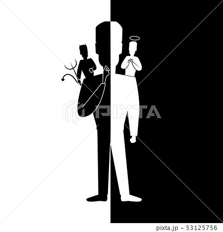Cartoon Silhouette Black Character Man with Angel and Devil on Shoulders. Vector Cartoon Silhouette Black Character Man with Angel and Devil on Shoulders. Vector 53125756