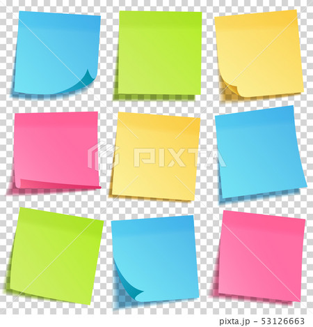 Realistic sticky note with shadow. Yellow paper set. Message on notepaper. Reminder. Vector 53126663