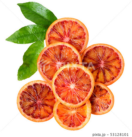 Blood orange slice with leaf top view isolated Blood orange slice with leaf top view isolated 53128101