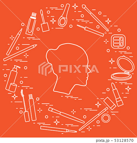 Silhouette of female head and various accessories 53128570