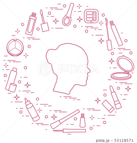 Silhouette of female head and various accessories 53128571