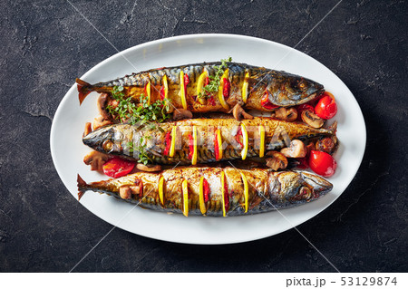 close-up of three whole broiled hot mackerels close-up of three whole broiled hot mackerels 53129874