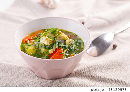Tasty soup with chicken and vegetables. closeup 53129973