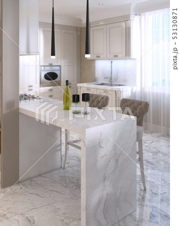 Bar counter with bar chairs in luxurious kitchen. 53130871
