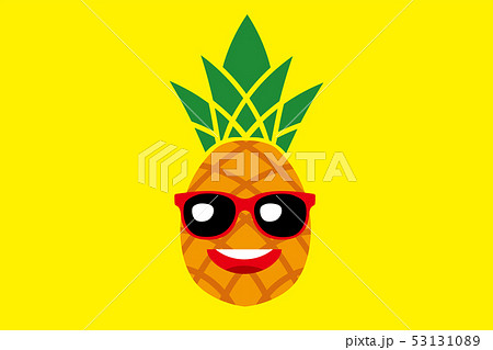 サングラスをかけたパイナップルのキャラクターのイラスト 黄色バック 夏のイメージ トロピカルのイラスト素材
