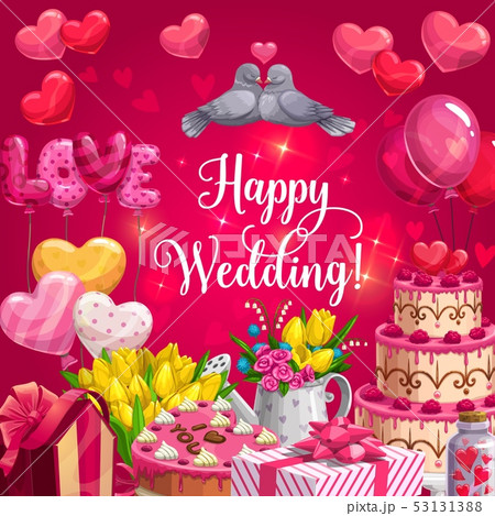 Happy wedding, heart cake, balloons and flowers Happy wedding, heart cake, balloons and flowers 53131388
