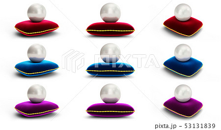 Set of pearl on red, blue and violet velvet pillow. Group gems, women's jewelry, nacre beads. For 53131839