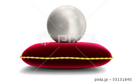 Single pearl on red velvet pillow. Gems, women's jewelry, nacre beads. For your banner, poster, logo 53131840