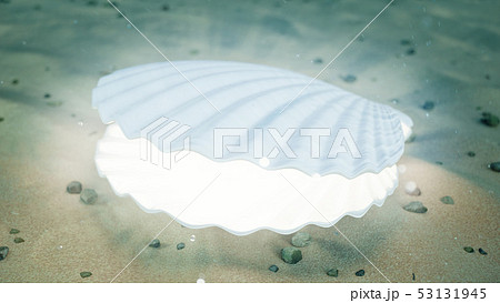 Mother of pearls underwater. Closed sea shell underwater self-luminous from the inside. Oysters and 53131945