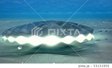 Mother of pearls underwater. Closed sea shell underwater self-luminous from the inside. Oysters and 53131950
