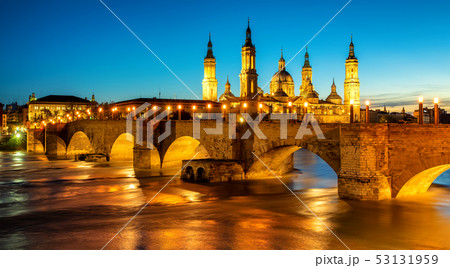 Zaragoza city, Spain, bridge and Cathedral 53131959