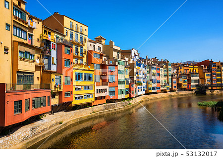 Traditional colorful facades in Girona Old Town, 53132017