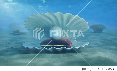 Mother of pearls underwater. Sea shell underwater with pearl inside and red velvet pillow. Oysters 53132053