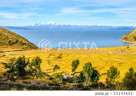 View of Titicaca Lake and Cordillera Real from Island of the Sun - Isla del Sol, Bolivia View of Titicaca Lake and Cordillera Real from Island of the Sun - Isla del Sol, Bolivia 53133433