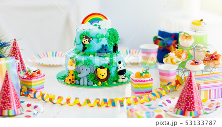 Kids birthday cake. Child jungle theme party. 53133787