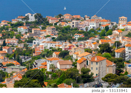 Marseilles. Picturesque aerial view of the city and the sea during the day. 53133941
