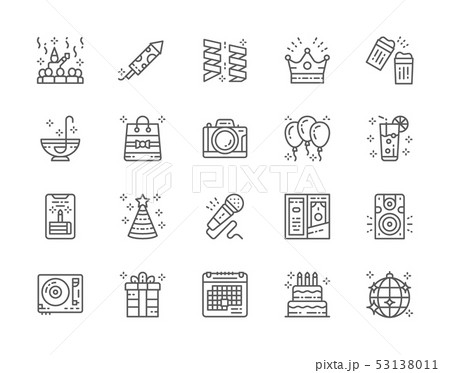 Set of Party Line Icons. Celebration, Firecracker, Garlands, Crown and more. 53138011