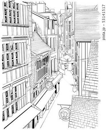 漫画風ペン画イラスト 西洋風街並のイラスト素材