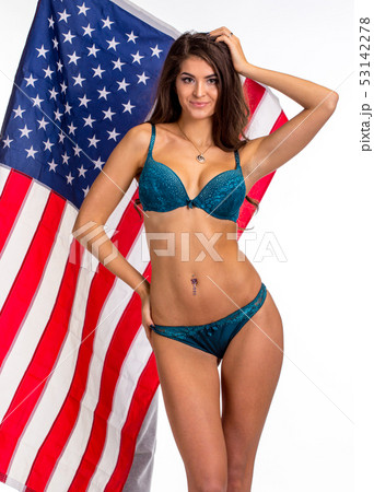 Pretty Slim woman in beautiful lingerie on US flag Pretty Slim woman in beautiful lingerie on US flag 53142278