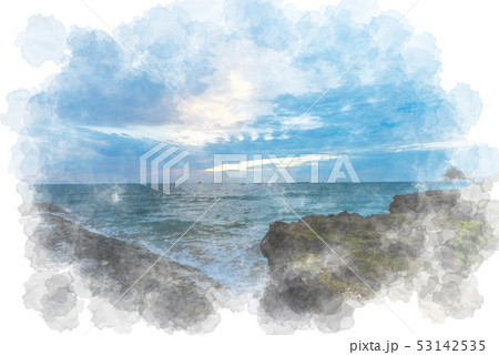 残波岬の夕暮れ 水彩画風 残波岬の夕暮れ 水彩画風 53142535