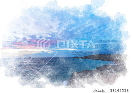 残波岬の夕暮れ 水彩画風 残波岬の夕暮れ 水彩画風 53142538