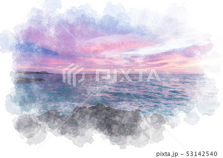 残波岬の夕暮れ　水彩画風 53142540