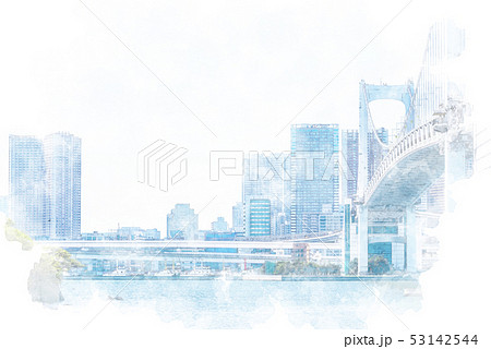 レインボーブリッジと高層マンション 水彩画風 レインボーブリッジと高層マンション 水彩画風 53142544