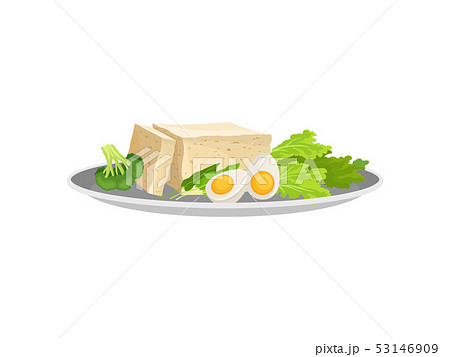 White cheese with egg and greens on a plate. Vector illustration on white background. 53146909