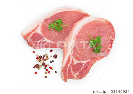 sliced raw pork meat with parsley isolated on white background. Top view. Flat lay 53146924