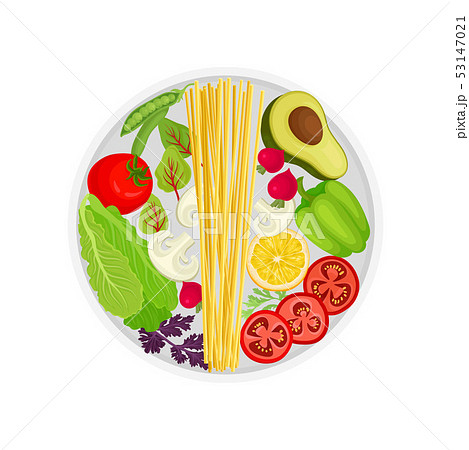 Spaghetti with vegetables on a plate. Vector illustration on white background. Spaghetti with vegetables on a plate. Vector illustration on white background. 53147021