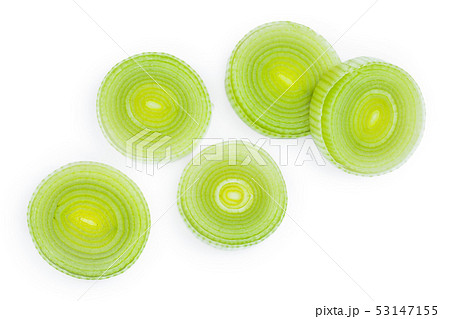 sliced Leek vegetable isolated on white background. Top view. Flat lay 53147155
