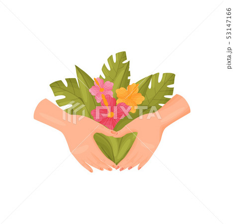 Pair of hands holding a bouquet of flowers and leaves. Vector illustration on white background. 53147166