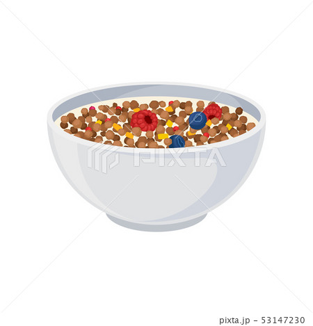 Chocolate balls in milk with berries in a ceramic bowl close-up. Vector illustration on white Chocolate balls in milk with berries in a ceramic bowl close-up. Vector illustration on white 53147230