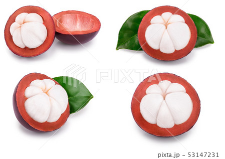 ripe mangosteen with leaves isolated on white background closeup. Set or collection ripe mangosteen with leaves isolated on white background closeup. Set or collection 53147231