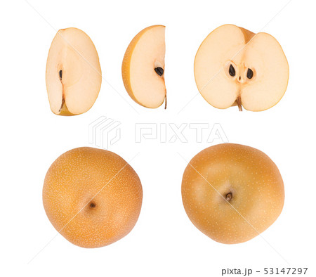 Fresh asian pear isolated on white background. Top view. Flat lay. Set or collection Fresh asian pear isolated on white background. Top view. Flat lay. Set or collection 53147297
