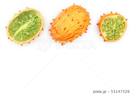 Kiwano or horned melon isolated on white background with copy space for your text. Top view. Flat 53147326