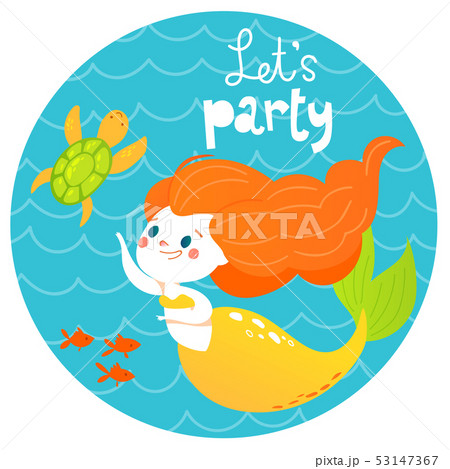 Cartoon style vector summer design with cute mermaid girl and sea fish and let's party text. Cartoon style vector summer design with cute mermaid girl and sea fish and let's party text. 53147367