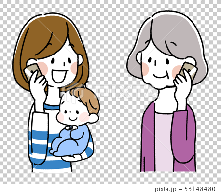 スマートフォンで会話する若い母親とシニア女性 53148480