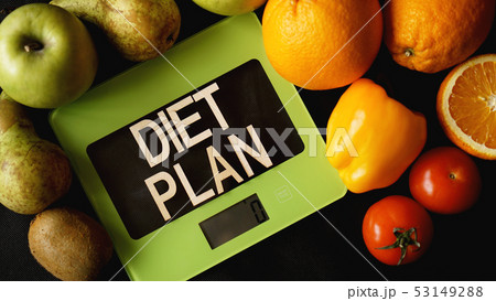 Concept diet. Healthy food, kitchen weight scale. Vegetables and fruits 53149288