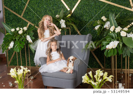 Little cute girls with blond hair in a white dress 53149594