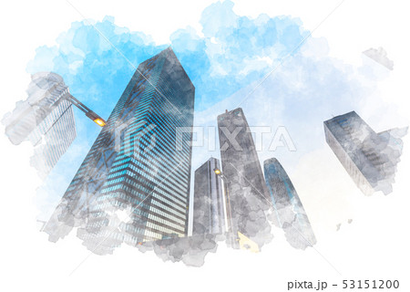 夜明け直後の新宿のビル群　水彩画風 53151200