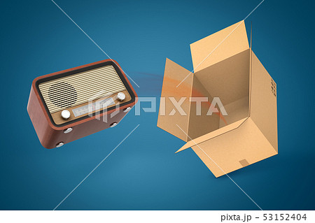 3d rendering of old radio set and empty cardboard box on blue background. 3d rendering of old radio set and empty cardboard box on blue background. 53152404