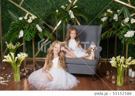 Little cute girls with blond hair in a white dress 53152586